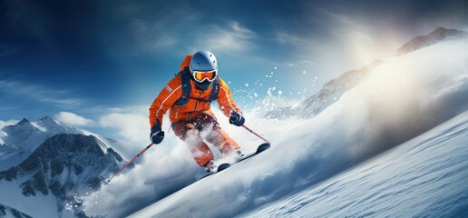 Freeride skiing. Skier on snowy slope against blue sky on sunny winter day. Banner with copy space. Skier skiing downhill in high mountains.