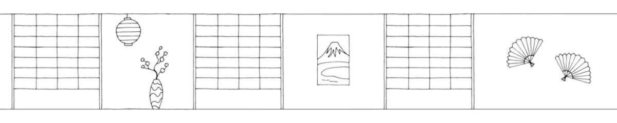Panele Szklane  Empty room Asian style graphic black white long home interior sketch illustration vector 