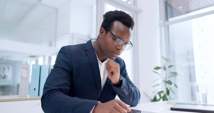 Business, black man and thinking in office with tablet, planning research and information for stock market trading. Serious corporate trader review financial news, software and digital ideas on app