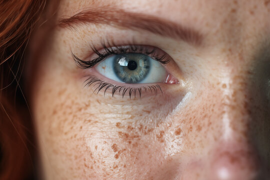 realistic macro blue female eye close up, with freckles, normal fine lines and redhead brow