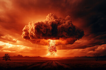 A nuclear explosion with a red background and the word nuclear on the bottom - obrazy, fototapety, plakaty