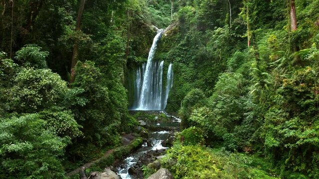 Aerial view of Sendang Gile Waterfall, Senaru Lombok, Indonesia.