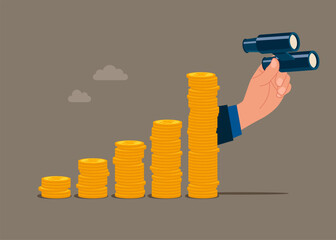 Financial success, economic forecast concept. Successful career, searching new perspectives. Hand with binoculars  with a stack of cash coins. Flat vector illustration
