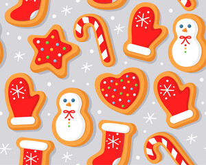 Seamless pattern with Christmas gingerbread cookies on a gray background. Homemade Christmas cookies with sugar glazed. Pattern for New Year's wrapping paper, cards, decor, fabric. 