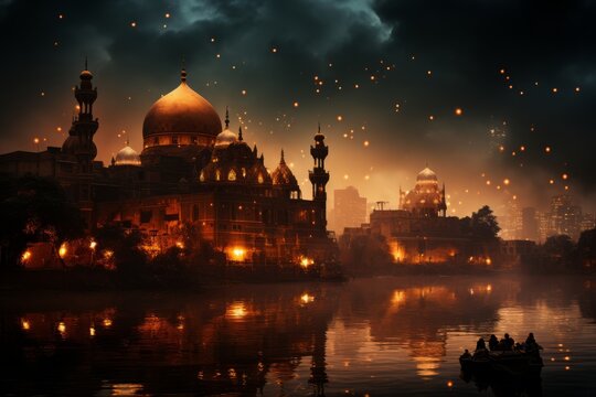 Illuminated Baghdad skyline at night, Generative AI