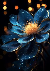 Blue abstract flower with lights, in the style of kinetic lines and curves, light black and yellow