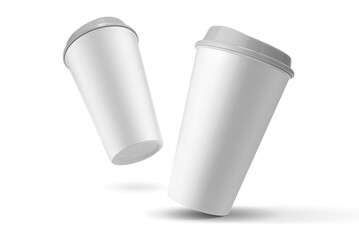 White cups of coffee mock up on white background. Template for mockup.