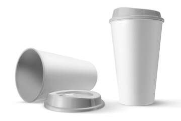 White cups of coffee mock up on white background. Template for mockup.