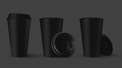 Black cups of coffee mock up on grey background. Template for mockup.