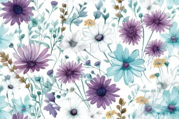 Foto op Plexiglas anti-reflex Simple daisies purple flowers seamless pattern on white background. Chamomiles floral endless wallpaper. Vector illustration. Doodle style. Design for fabric design, textile print, © Taslima