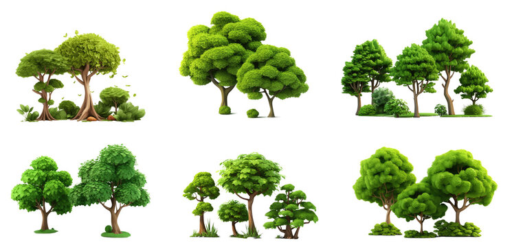 Set of 3d cartoon clipart green trees isolated on white and transparent background