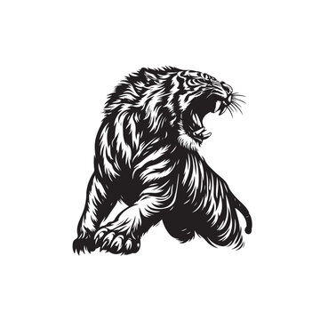 Aggressive Tiger Roaring Silhouette Pouncing and Striking - Black Vector Tiger Roaring Silhouette
