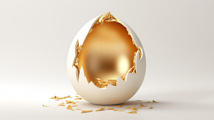 Golden egg inside regular white egg shell. - obrazy, fototapety, plakaty