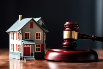 A symbolic representation of real estate law with a wooden gavel and a small house model on a dark background.