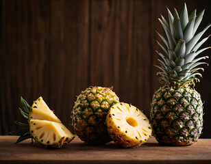 Pineapples are lying on a wooden board.