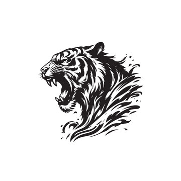 Menacing Tiger Attack Silhouette with Dominant Roar - Black Vector Tiger Roaring Silhouette

