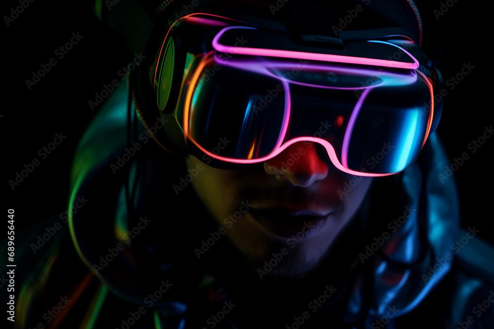Aufkleber generative ai person using virtual reality goggles 3d augmented experience exited digital world head