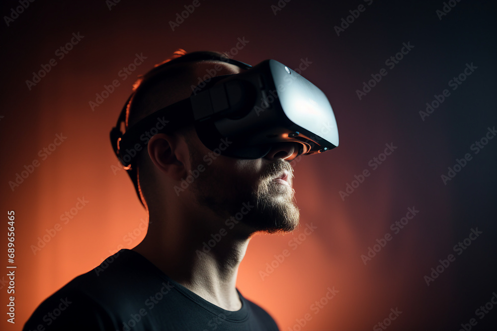 Poster generative ai person using virtual reality goggles 3d augmented experience exited digital world head
