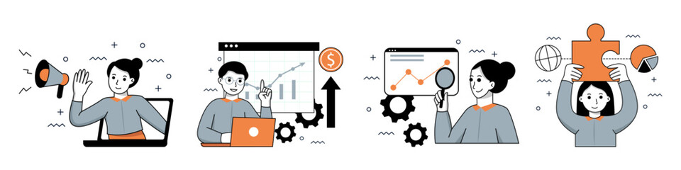 Set of digital marketing character concept with man and woman for illustrations.