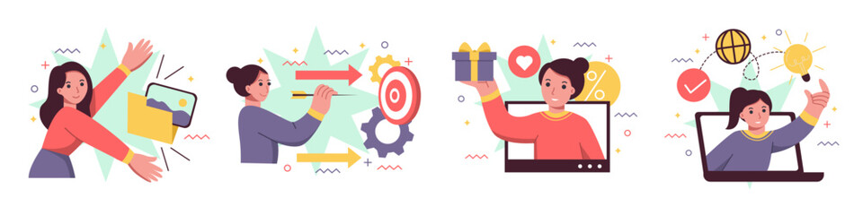 Set of digital marketing character concept with man and woman for illustrations.