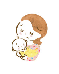 赤ちゃんを抱っこして悩んでいる様子の母親の手描きイラスト
