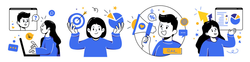 Set of digital marketing character concept with man and woman for illustrations.