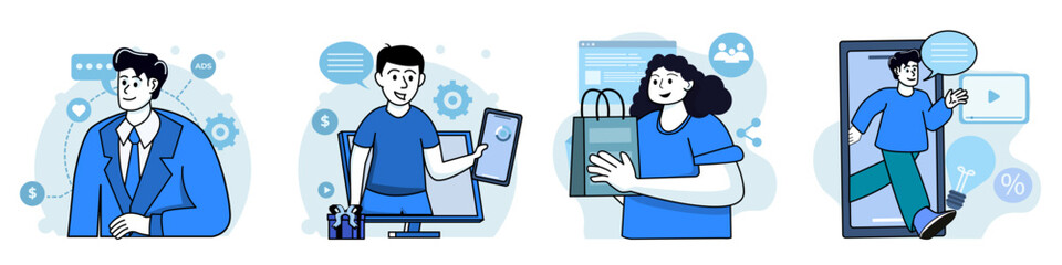 Set of digital marketing character concept with man and woman for illustrations.