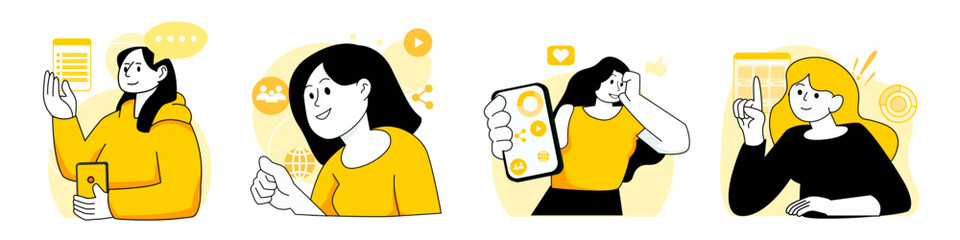 Set of digital marketing character concept with man and woman for illustrations.