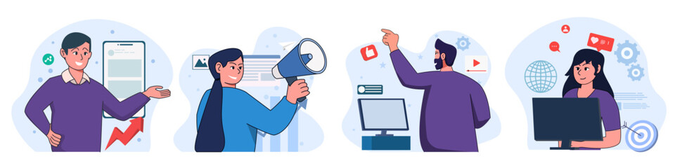 Set of digital marketing character concept with man and woman for illustrations.