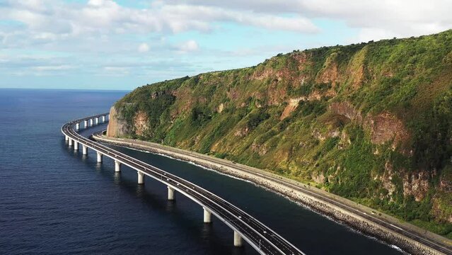 Aerial drone view of the new coastal road Route du Littoral connecting Saint Denis with La Possession, Reunion.
