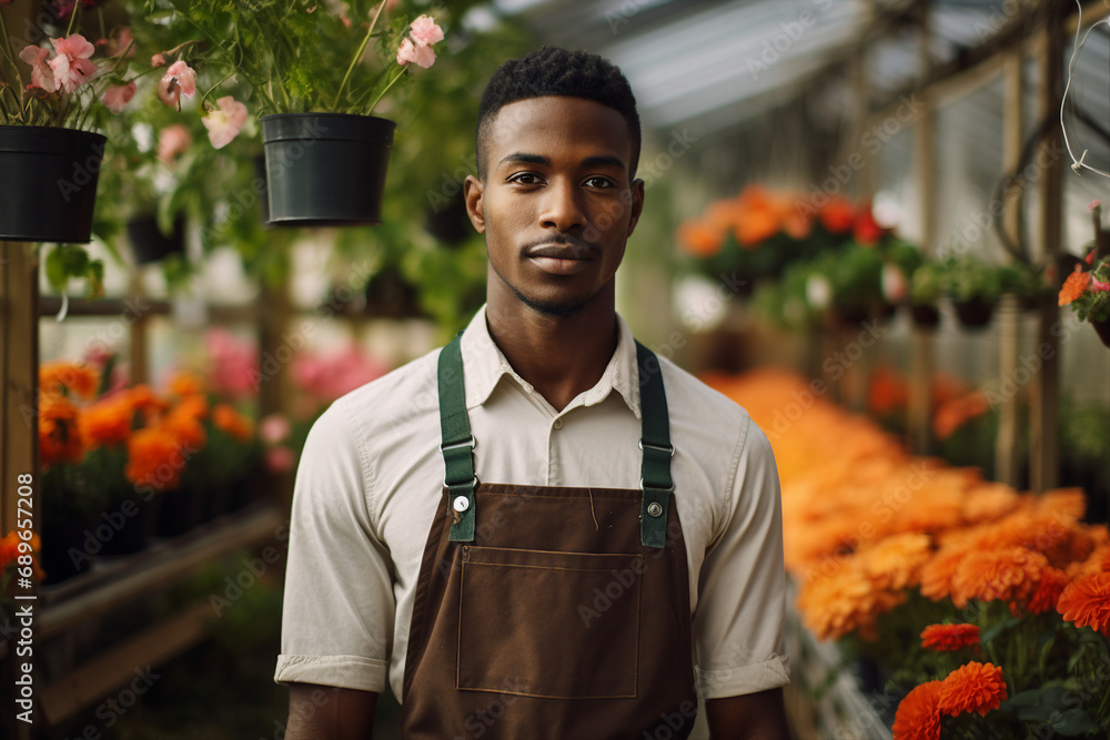 Wall mural Excited farmer gardener person working in greenhouse Generative AI earth day