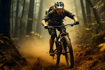 A Young cyclist wearing protective gear rides an agile mountain bike through a mountain filled with tall trees. The road surface was dry and dust was clearly scattered. It shows that he rides so fast.