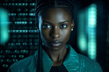 Genius hacker person in modern office against cyber code background Generative AI