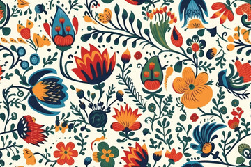 Fototapeta na wymiar Seamless floral pattern with bright colorful flowers and tropic leaves on a white background. The elegant the template for fashion prints. Modern floral background. Trendy Folk style.