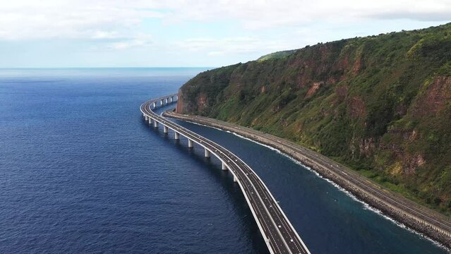 Aerial drone view of the new coastal road Route du Littoral connecting Saint Denis with La Possession, Reunion.