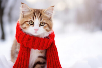 Cat in a red scarf on a snowy background