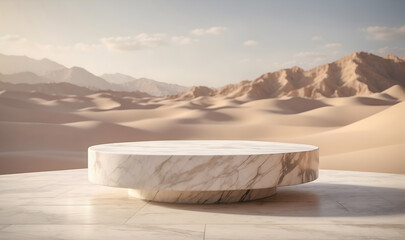 marble round 3d platform in the desert, sand dunes background, product stand mockup, generative ai