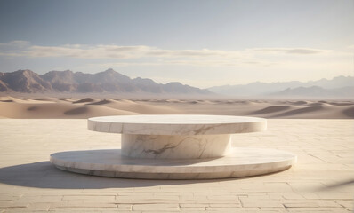 Fototapeta na wymiar marble round 3d platform in the desert, sand dunes background, product stand mockup, generative ai