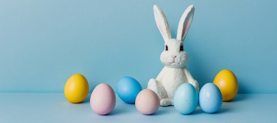 Easter bunny rabbit with painted eggs on a pastel blue background with copy space.