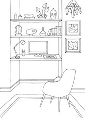 Home office graphic black white interior sketch illustration vector 
