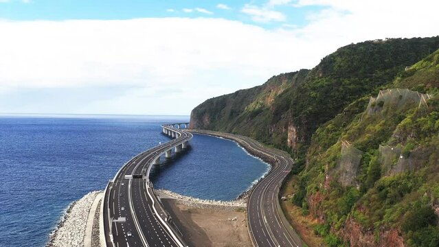 Aerial drone view of the new coastal road Route du Littoral connecting Saint Denis with La Possession, Reunion.