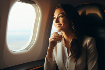 Smiling businesswoman holding a glass of drink and looking out the airplane window. Businesswoman looking out window of private jet. Happy flight and airplane travel concept. - obrazy, fototapety, plakaty