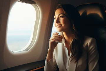 Foto op Canvas Smiling businesswoman holding a glass of drink and looking out the airplane window. Businesswoman looking out window of private jet. Happy flight and airplane travel concept. © Vladimir Sazonov