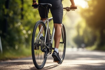 sporty man with a bicycle outdoors, cycle sportsman, cyclist closeup view, cycle sports, sports cyclist closeup - obrazy, fototapety, plakaty