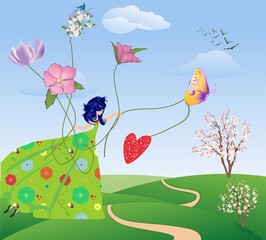 composition with a spring girl in a flower dress holding flowers and flying over the meadow
