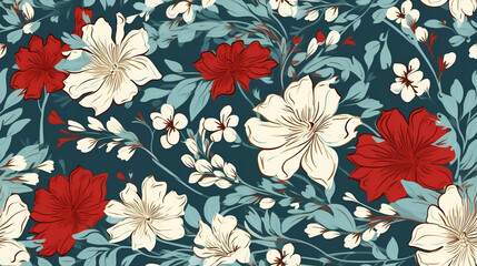 Floral seamless pattern, white and red flowers, blue background