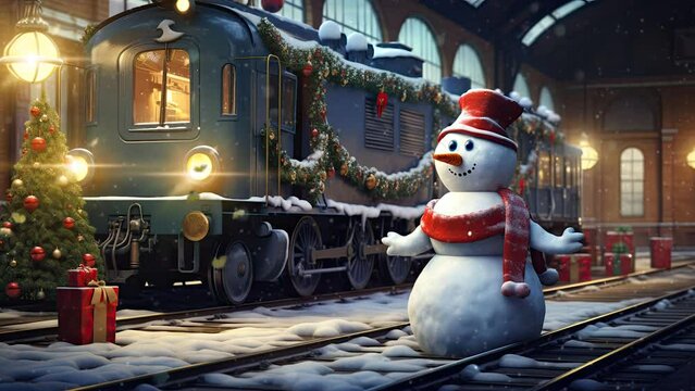 christmas decorations on the train place with a snowman and christmas tree surrounded by snowfall in the night. cartoon style. seamless looping time-lapse virtual video animation background.