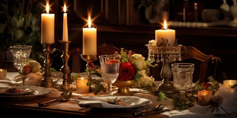 Obraz na płótnie Canvas Dinner with an elegant table setting can evoke a sense of romance and intimacy.