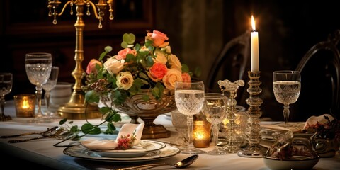 Naklejka premium Dinner with an elegant table setting can evoke a sense of romance and intimacy.