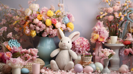 Spring flowers Easter Bunny and eggs. Home interior